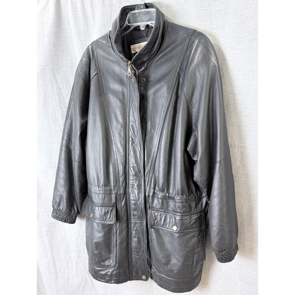 Vintage Preswick & Moore Black Leather Zip Front Longline Jacket Mens M